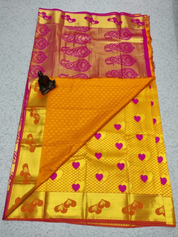 Gold colour and Orange colour combo kanchipuram silk saree