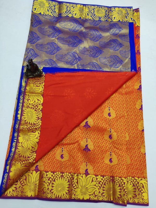 stone designed red colour and blue colour kanivaram saree